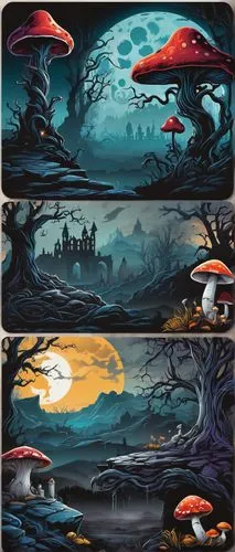 Dark fantasy, mysterious atmosphere, Joel Miller style, eerie landscape, twisted trees, glowing mushrooms, misty fog, full moon, gothic architecture, crumbling stone walls, intricate carvings, ornate 