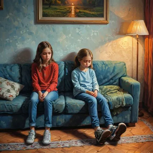 heatherley,little boy and girl,hyperrealism,helnwein,photorealist,donsky,mcnaughton,gekas,little girls,oil painting,the little girl's room,daughters,oil painting on canvas,children,children girls,lacombe,jeanneney,two girls,innocents,childs,Illustration,Realistic Fantasy,Realistic Fantasy 27