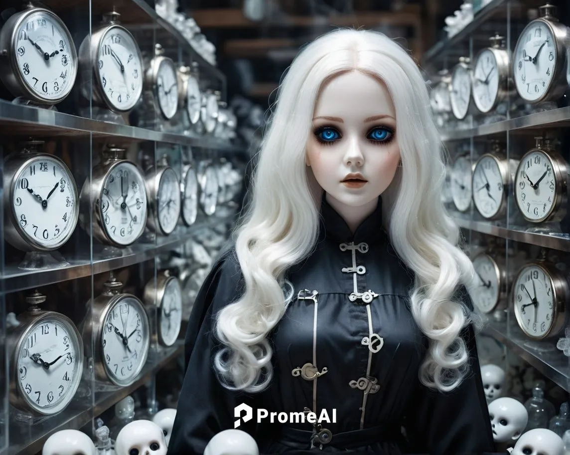 a mage with long white hair in a black robe casts an ice spell in a room full of clocks, the mystical and monumental atmosphere of the picture,clockmaker,porcelain dolls,clocks,clockmakers,timekeeper,