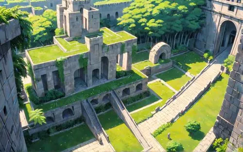 Aztec sacraficial building, vines and fern around ,an old building with lush green trees on top,labyrinthian,ancient city,ruins,tirith,mausoleum ruins,castlelike,Anime,Anime,Realistic