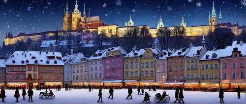 Also this year the sweet scent of mulled wine and trdelník (sweet pastry) will waft around Prague Castle. More than 70 stallholders will display their wares at Christmas markets here.,christmas snowy 