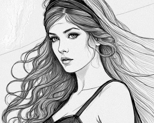 a drawing of a woman with long hair,lineart,winehouse,line art,mono-line line art,sketching,megara,Design Sketch,Design Sketch,Black and white Comic