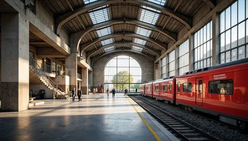 Functional Bauhaus train station, industrial chic, exposed concrete walls, steel beams, minimalist design, bold typography, primary color scheme, bright red accents, deep blue tones, neutral beige bac