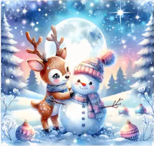 christmas snowy background,winter background,winter animals,winter deer,christmas buffalo raccoon and deer,cute cartoon image