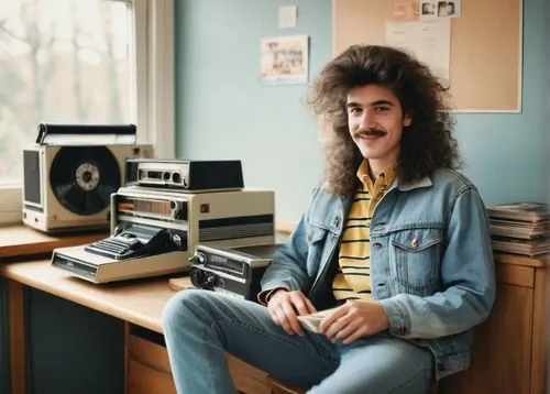 1980s style, yearbook picture, retro aesthetic, nostalgic atmosphere, pastel colors, soft focus, film grain, warm lighting, indoors, school setting, wooden desk, old computer, cassette player, vinyl r