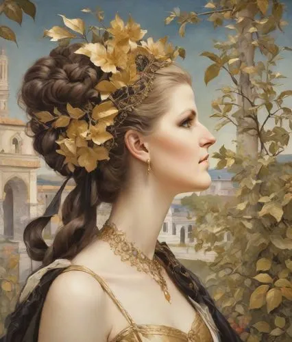 golden wreath,girl in a wreath,maenad,laurel wreath,spring crown,persephone,Digital Art,Impressionism