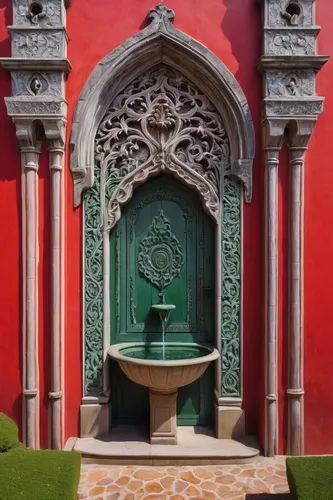 Red Carved Wood Door and a Water Fountain of the Fairytale Castle of Sintra,maximilian fountain,old fountain,moor fountain,decorative fountains,stone fountain,drinking fountain,water fountain,fountain