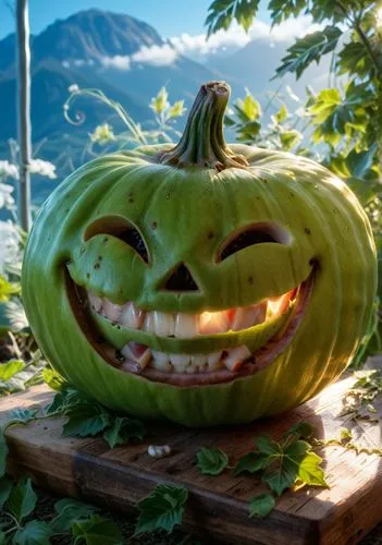 a carved green pumpkin with teeth and mouth open,jack o'lantern,jack o' lantern,kirdyapkin,calabaza,pumpkin face smile,funny pumpkins,Photography,General,Realistic