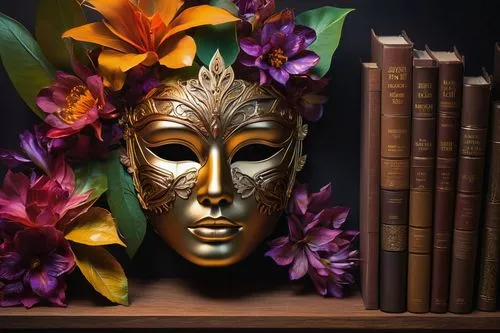 bookmark with flowers,golden mask,aspidistra,wood and flowers,venetian mask,hyacinthus,gold mask,floral composition,tretchikoff,golden flowers,retro modern flowers,bookend,calathea,wooden mask,wooden flower pot,flower arrangement,mantelpieces,bronze sculpture,orchids,african masks,Photography,Artistic Photography,Artistic Photography 08