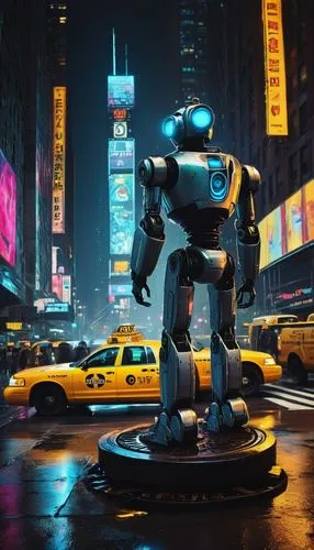 AI, futuristic robot, metallic body, glowing blue eyes, sleek hairstyle, standing, New York City, skyscraper, concrete jungle, urban landscape, nighttime, bright neon lights, bustling streets, crowded