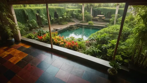 colorful luxurious floor,landscape designers sydney,landscape design sydney,garden design sydney,dug-out pool,bamboo curtain,garden pond,tropical jungle,climbing garden,outdoor pool,tropical house,rai