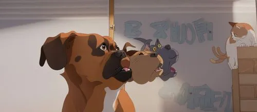 Boxer dog suddenly realizes there is a cat on his left so his expression changes as he turns his head,dog frame,dachshunds,animal balloons,dog illustration,canines,scoobies,dog cartoon,two dogs,doges,