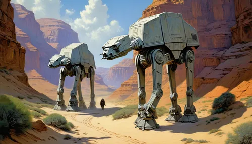 guards of the canyon,droids,at-at,cg artwork,two-humped camel,camel caravan,travelers,camels,limb males,patrols,dromedaries,nomads,camel spiders,desert,camelride,desert landscape,storm troops,concept art,desert safari,sci fiction illustration,Illustration,Realistic Fantasy,Realistic Fantasy 03