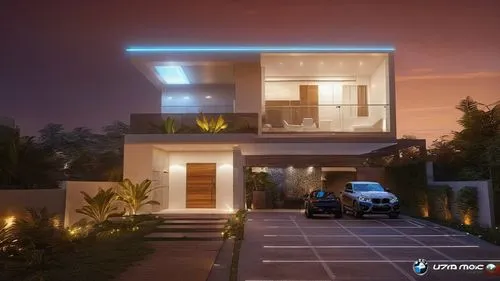 coloque a noite, com luzes de led, uma palmeira no quintal e uma gs1200 e uma bmw na garagem
,3d rendering,build by mirza golam pir,modern house,residential house,smart home,floorplan home,beautiful h