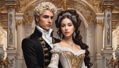 the victorian era,the carnival of venice,romance novel,prince and princess,gothic portrait,rosa ' amber cover,four poster,monarchy,young couple,venetia,rococo,caravel,white rose snow queen,book cover,fairy tale,beautiful couple,a fairy tale,fantasy picture,ballroom,ballroom dance,Conceptual Art,Fantasy,Fantasy 22