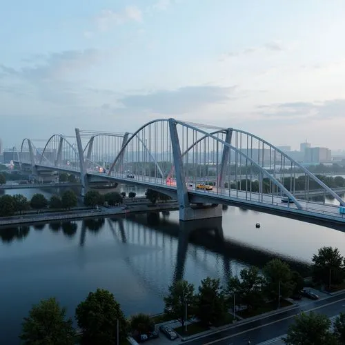 Futuristic vehicular bridge, sleek metallic structure, bold arches, suspension cables, LED lighting systems, dynamic movement, urban landscape, misty morning atmosphere, shallow depth of field, 3/4 co