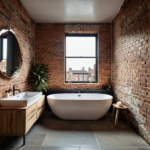 red brick wall,luxury bathroom,bathtub,red brick,modern minimalist bathroom,sand-lime brick,tiled wall,red bricks,brickwork,tub,brick house,bath,washbasin,baths,brownstone,bathroom,cistern,shower bar,clay tile,tile kitchen,Photography,General,Realistic