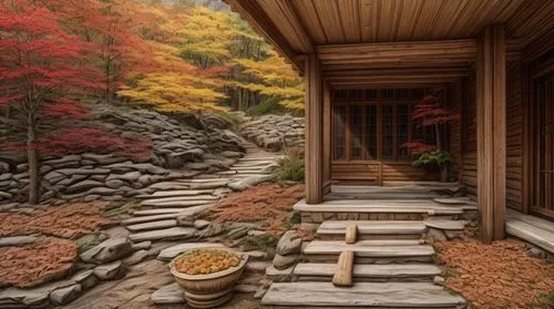 autumn in japan,japanese-style room,autumn decoration,autumn scenery,ryokan,autumn decor,autumn background,the cabin in the mountains,wooden path,beautiful japan,home landscape,wooden hut,japan landsc