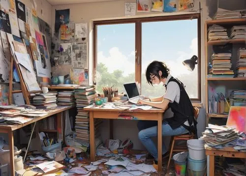 hikikomori,workspace,hausser,disorganization,girl studying,study room,tomoko,atelier,horikoshi,cluttered,mari makinami,kinokuniya,disorganized,disorganize,kunitachi,the girl studies press,hosoda,in a working environment,desk,artbooks,Illustration,Children,Children 06