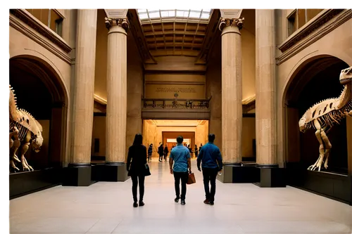 American Museum of Natural History, grand entrance, high ceiling, marble floor, stone pillars, dinosaur fossils, ancient artifacts, exhibits cases, softbox lighting, 3/4 composition, shallow depth of 