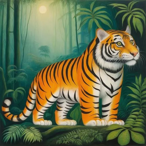 A Bengal Tiger in a rainforrest. ,a painting shows a tiger in the middle of a jungle,a tiger,bengalensis,tiger png,bengal tiger,asian tiger,chestnut tiger,Illustration,Abstract Fantasy,Abstract Fantas