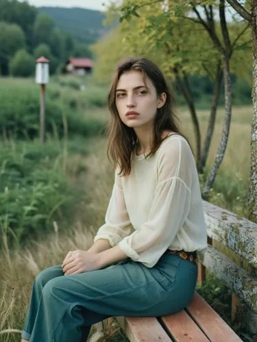 Sabina on the meadow, wearing hot pants and waiting for her boyfriend Ulrich.,a  is sitting on a bench,kieslowski,sokurov,shelkovskaya,karavaeva,weisz,dennings,Photography,Documentary Photography,Docu