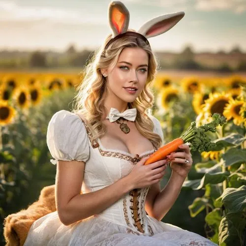 Amber Heard, bunny girl, cute, (18yo), bright amber eyes, gentle smile, blonde hair, rabbit ears headband, pink nose, fluffy tail, white dress, lace trim, bow at chest, holding carrot, sitting, meadow