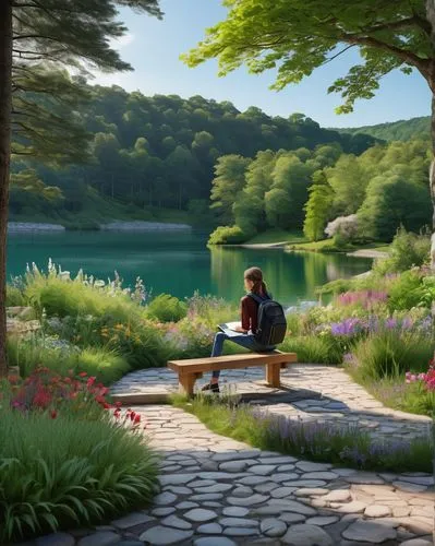 arrietty,idyll,idyllic,landscape background,serene,world digital painting,tranquility,serenity,garden bench,peaceful,landscaper,quietude,studio ghibli,man on a bench,tranquillity,japanese garden,nodame,tranquil,romantic scene,springtime background,Illustration,Realistic Fantasy,Realistic Fantasy 35