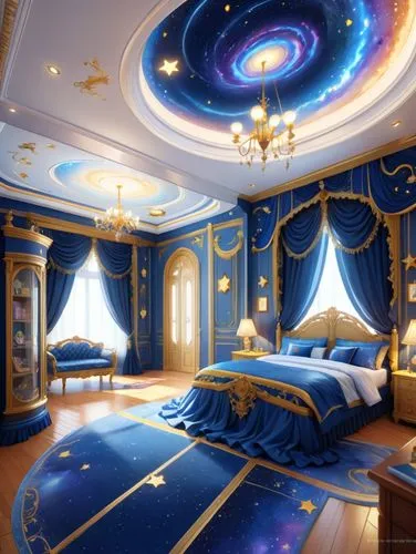 Girl in her bedroom, curvy, dark indigo hair, light yellow eyes, formal royal dress in galaxy colours with star accessories ,a bedroom with fancy ceiling, bed, dresser, chair and a large painting,slee