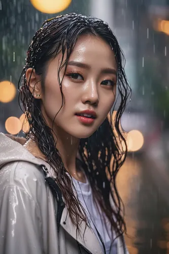 korean k pop star, rain, wet, sweaty, ultra detail, uhd, high resolution, high res textures, fashion,in the rain,asian umbrella,rainy,wet girl,walking in the rain,rain shower,rainy season,asian woman,