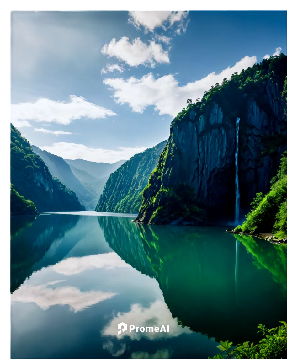 Scenic landscape, mountainous terrain, misty atmosphere, sun peeking through clouds, rocky cliffside, lush greenery, cascading waterfall, serene lake reflection, 3/4 composition, panoramic view, warm 