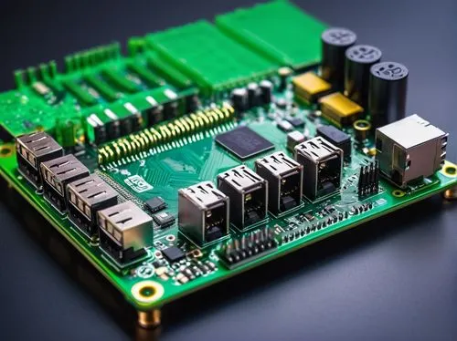 Raspberry Pi, mini computer, circuit board, green PCB, CPU, GPU, RAM, USB ports, HDMI port, microSD card slot, GPIO pins, heat sinks, small fans, metallic casing, compact design, minimalist aesthetic,