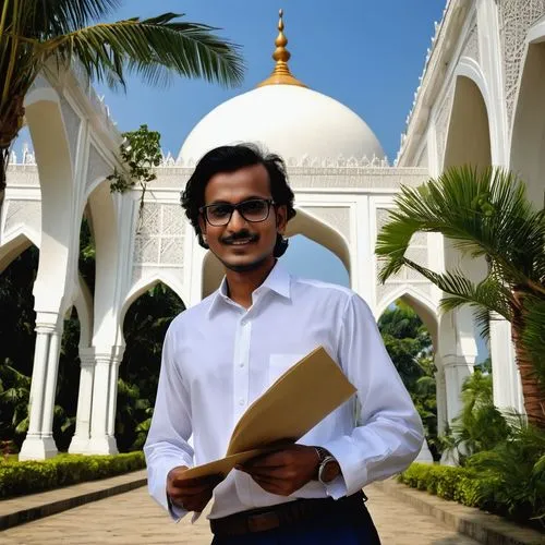 Male architecture designer, 30s, stylish hair, black framed glasses, formal attire, white shirt, black tie, dark blue trousers, leather shoes, holding blueprints, standing, Jhenidah Bangladesh local a