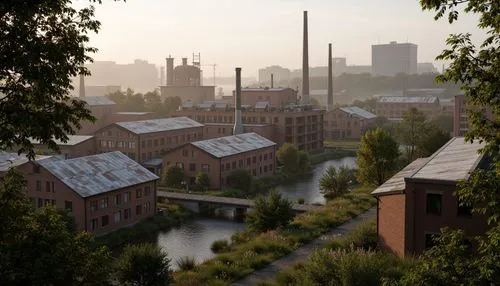 Industrial factory complex, rustic brick buildings, corrugated metal roofs, worn concrete walls, vintage machinery, abandoned chimneys, overgrown vegetation, wildflowers, meandering streams, misty atm