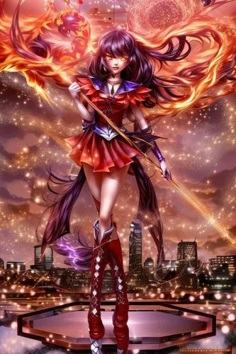 aihua,fire angel,flame robin,fire background,kurumi,fire siren