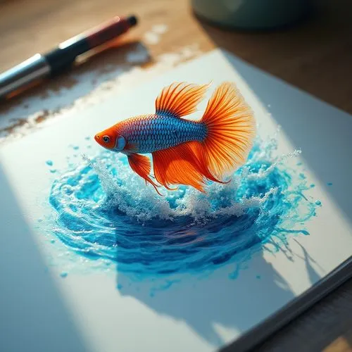 3d art,fish pen,goldfish,fish in water,pencil art,betta fish,Photography,General,Realistic