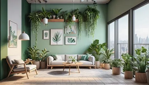 Modern sustainable interior design, eco-friendly furniture, recycled wood, green walls, potted plants, natural materials, minimal waste, energy-efficient lighting, floor-to-ceiling windows, panoramic 