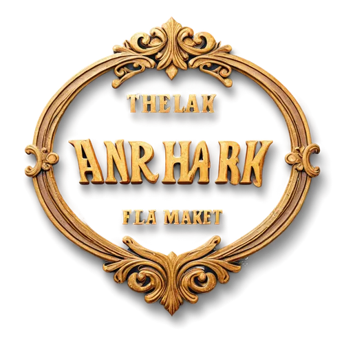 Vintage flea market logo, circular shape, distressed texture, golden brown color, ornate details, 3D effect, bold font, "Flea Market" text, curved lines, antique finish, morning sunlight, shallow dept