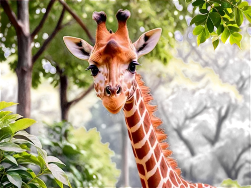 Giraffe, standing tall, long neck, brown fur with white spots, big eyes, eyelashes, smiling face, ears perked up, horns on head, green leaves in mouth, savannah background removed, warm sunlight, low 