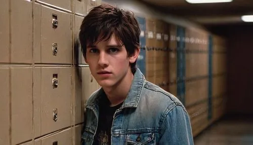 Donnie Darko, teenage boy, eerie atmosphere, close-up shot, haunting gaze, bright blue eyes, messy brown hair, pale skin, subtle facial scars, worn denim jacket, black tank top, ripped jeans, Converse