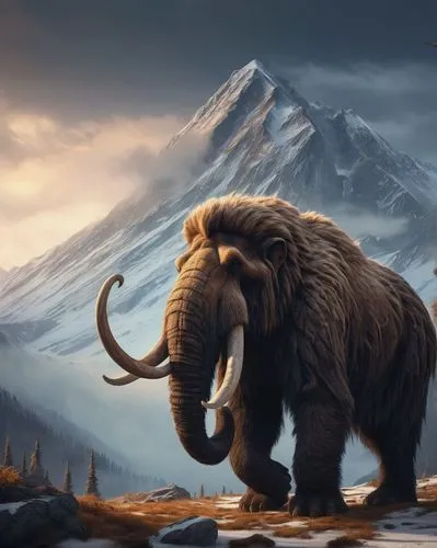 Mammoth, fantasy creature, massive size, shaggy fur, curved tusks, gentle eyes, ancient wisdom, snow-capped mountain, misty atmosphere, mysterious ambient lighting, cinematic composition, fog rolling 