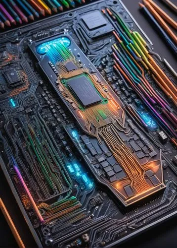 Modern 12th gen Intel CPU, futuristic motherboard design, sleek metallic finish, intricate circuitry patterns, LED lights illuminating the edges, advanced cooling system with copper pipes, high-perfor