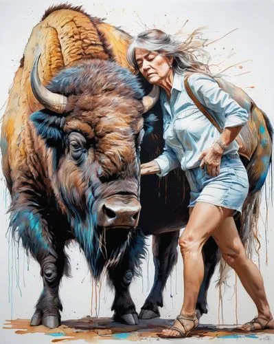 real beauty queen massaging her bull bison like she wants to be treated herself,buffalo herder,bisons,bull,bullrun,buffaloes,buffalo,bison,bulls,buffalos,buffalo herd,buffel,tribal bull,bulls eye,buff