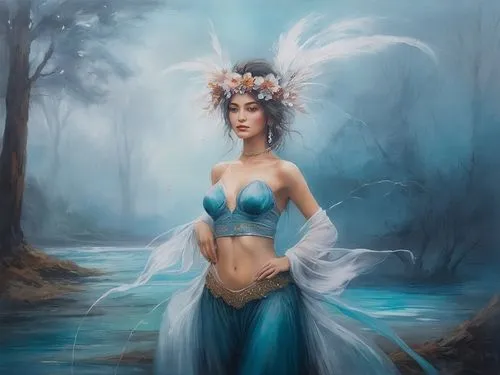 water nymph,amphitrite,blue enchantress,faerie,naiad,fantasy picture,fantasy art,undine,fairy queen,faery,sirene,naiads,nereids,merfolk,fantasy portrait,sorceress,sirenia,rusalka,persephone,faires,Illustration,Paper based,Paper Based 04