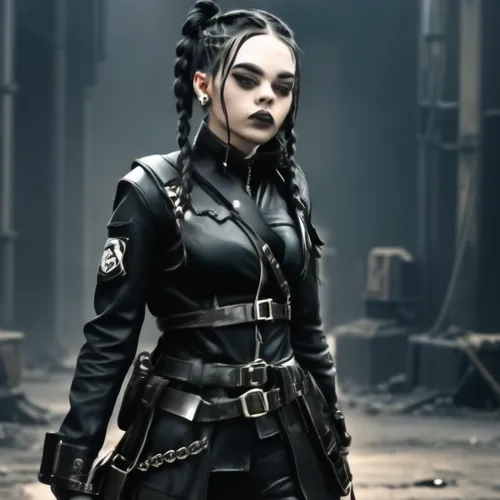 a woman in a black outfit, in a dark room,domino,atrix,goth woman,grimes,gothika,bulletgirl