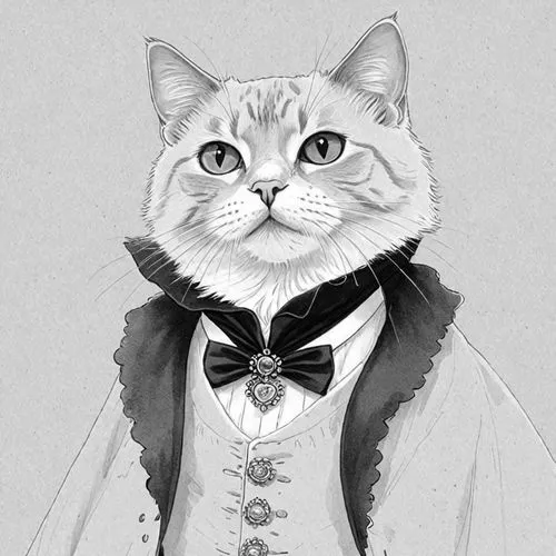 The image features a black cat adorned with a regal costume, including a white collar and a red cape draped over its shoulders. The cat's gaze is directed towards the viewer, giving an impression of c