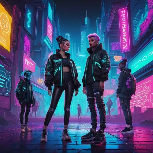 cyberpunk,neon arrows,neon lights,jacket,futuristic,cyber,neon ghosts,dystopian,cyber glasses,music background,neon light,city youth,neon,clover jackets,would a background,birds of prey-night,dystopia,pedestrians,cg artwork,harajuku,Illustration,Abstract Fantasy,Abstract Fantasy 05