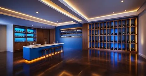 Wine bar store design, the wine bar is a combination of marble top and walnut wood, blue indirect lighting comes on under the wine bar, the overall atmosphere is similar to the reference photo, and th