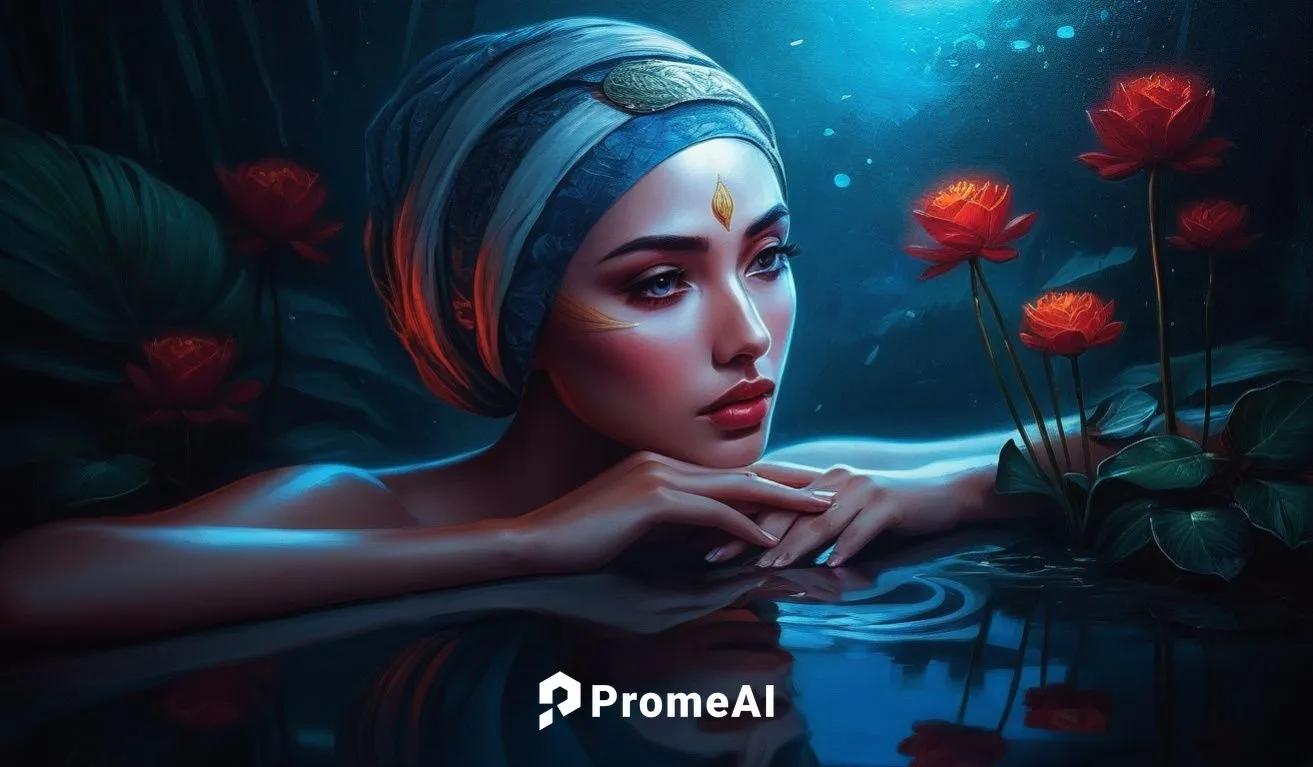 an intimate private moment that has beauty,deep sadness, gorgeous composition exotic beautiful woman,water nymph,water rose,naiad,amphitrite,digital painting,water lotus,persephone,ophelia,world digit