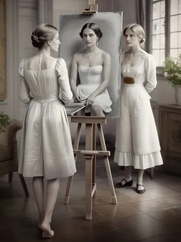 Add feminine feet.,a group of ladies dressed in long dress standing around a easel with a painting of themselves on it,heatherley,porcelain dolls,delvaux,dressmakers,maidservants,bodypainting